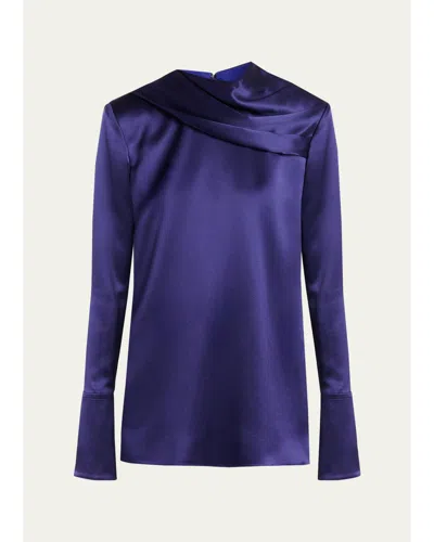 Tom Ford Draped Silk Long-sleeve Tunic Blouse In Denim