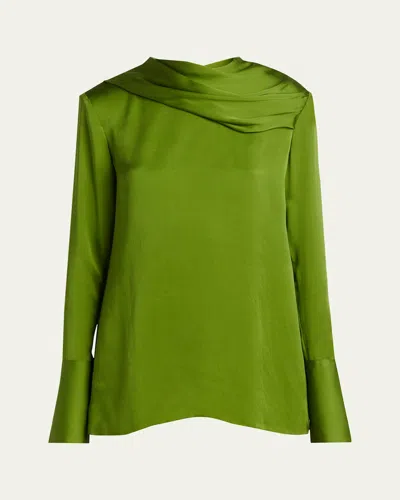 Tom Ford Draped Silk Long-sleeve Tunic Blouse In Green