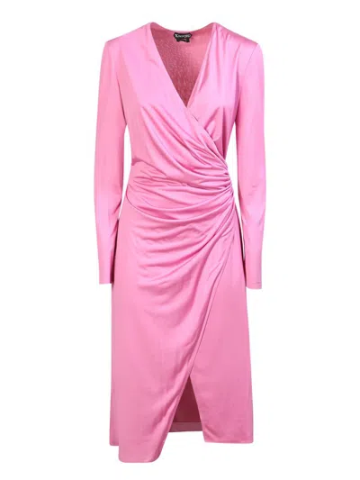 Tom Ford Draped Silk Jersey Corset Midi Wrap Dress In Pink