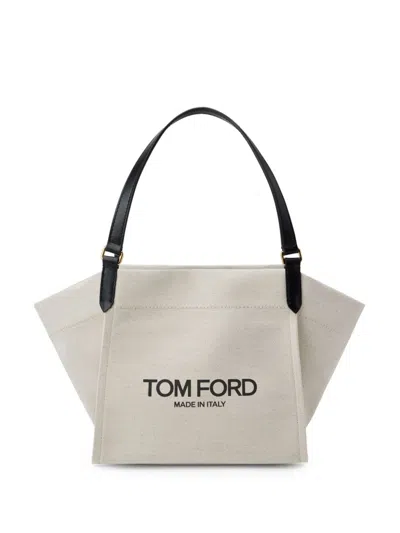 Tom Ford Ecru/black Logo Print Canvas And Leather Tote Handbag For Women (ss24) In Tan