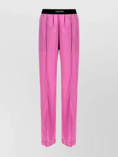 Tom Ford Fuchsia Satin Pants With Logo On Waistband In Stretch Silk Woman In Purple