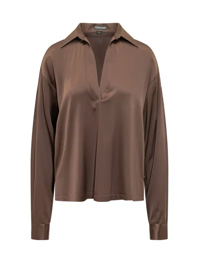 Tom Ford Elegant V-neck Blouse With Collar In Brown