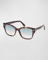 Tom Ford Women's Dark Havana Elsa Square Sunglasses In Shiny Dark Havana Eco T Logo  Turquoise Sand Grad Lenses