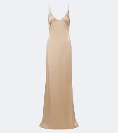 Tom Ford Abito Da Sera Smanicato In Raso Con Ricami A Catena In Neutral