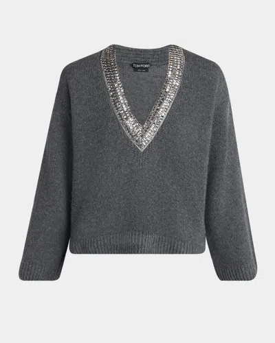 Tom Ford Embellished V-neck Cashmere Sweater In Gray
