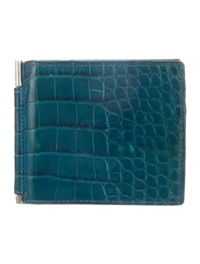 Pre-owned Tom Ford Embossed Leather Bifold Wallet In Blue