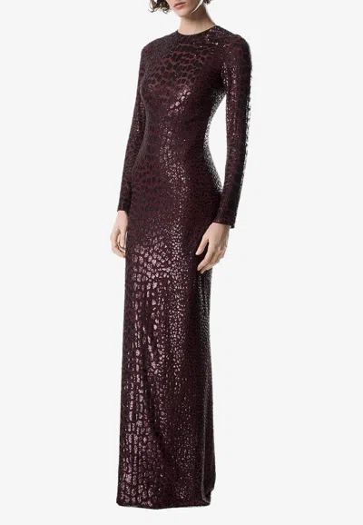 Tom Ford Embroidered Croc-effect Gown In Burgundy