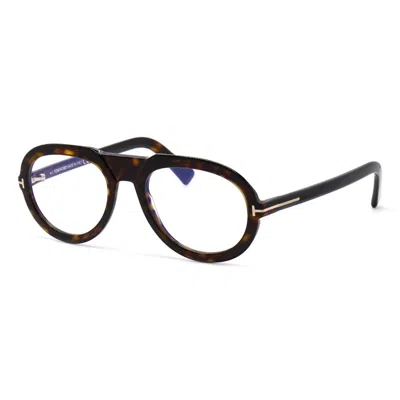 Tom Ford Eyeglasses Aviator Full Rim, Shiny Dark Havana Frame And Clear Demo Lenses Lens Ft5756-b052 In Brown