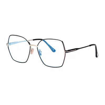 Tom Ford Eyeglasses Butterfly Full Rim, Shiny Light Ruthenium Frame And Blue Light Block Lenses Lens Ft5876-b In Black