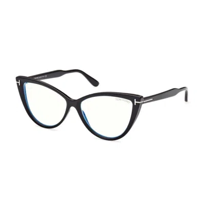 Tom Ford Eyeglasses Cat Eye Full Rim, Bordeaux Frame And Clear Blue Block Lenses Lens Ft5843-b074 In Black