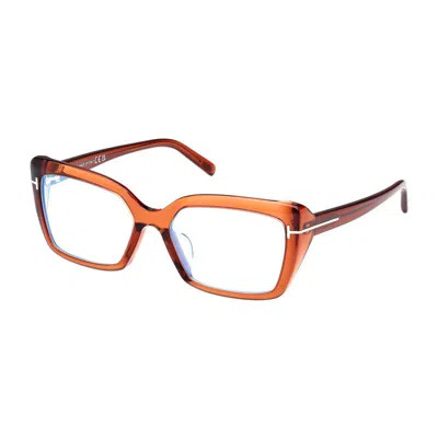 Tom Ford Eyeglasses Cat Eye Full Rim, Shiny Dark Brown Frame And Clear/blue-light Block Lenses Lens Ft5991-f- In Orange