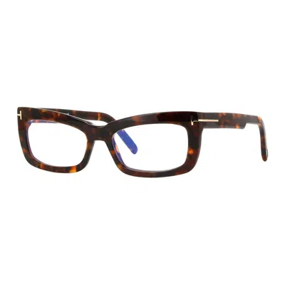 Tom Ford Eyeglasses Rectangle Full Rim, Shiny Black Frame And Clear Blue Light Block Lenses Lens Ft5966-b001 In Brown