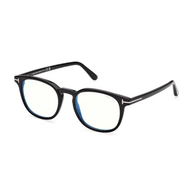 Tom Ford Eyeglasses Round Full Rim, Shiny Blonde Havana Frame And Clear Blue Light Block Lens Ft5819-b053 In Black