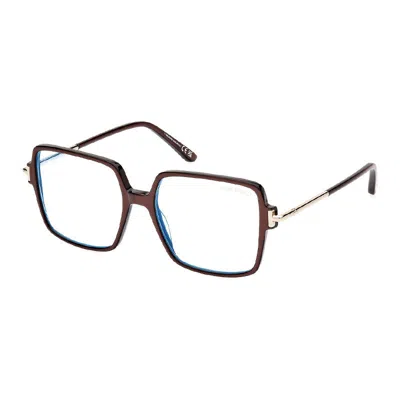 Tom Ford Eyeglasses Square Full Rim, Shiny Light Brown Frame And Clear Blue Light Block Lens Ft5915-b045 In Red