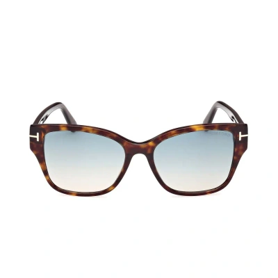 Tom Ford Women's Dark Havana Elsa Square Sunglasses In Shiny Dark Havana Eco T Logo  Turquoise Sand Grad Lenses