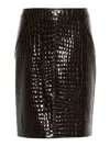 Tom Ford Glossy Croco Embossed Goat Leather Skirt In Dark Brown
