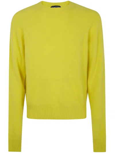 Tom Ford Felted Pure Cashmere Long Sleeves Crew Neck Sweater In Yellow