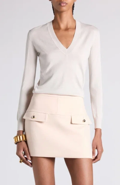 Tom Ford Fine Gauge Cashmere & Silk V-neck Sweater In Aw017 Off White