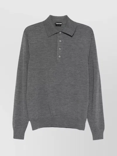 Tom Ford Fine Knit Long Sleeve Polo Shirt In Gray