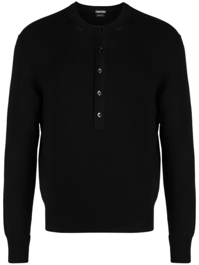 Tom Ford Cotton Stretch Rib Henley T-shirt In Black