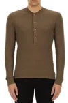 Tom Ford Henley T-shirt In Moss Green Modal Cotton With Mother-of-pearl Buttons In Brown