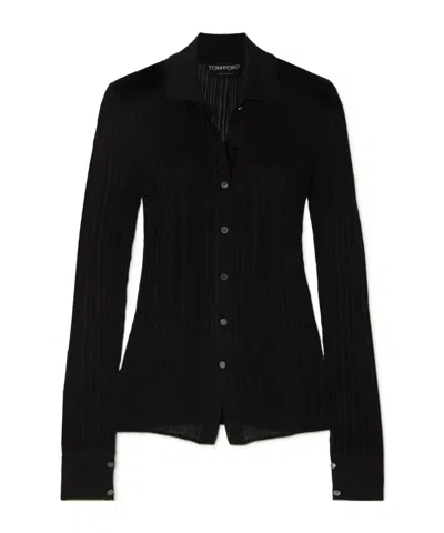 Tom Ford Fine Ribbed Polo-collar Shirt In Black