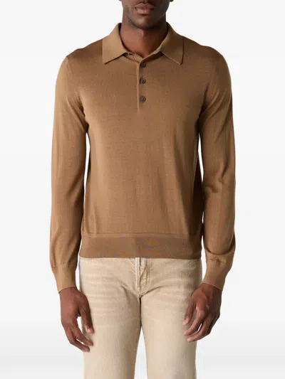 Tom Ford Fine-gauge Long-sleeve Polo Shirt In Brown