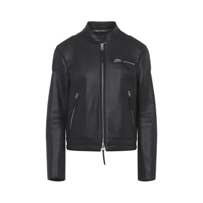 TOM FORD FITTED BLACK LEATHER JACKET WITH STAND COLLAR AND ZIPPERED CUFFS