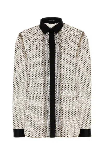 Tom Ford Flock Polka Dot Lace Lace-encrusted Shirt In Black