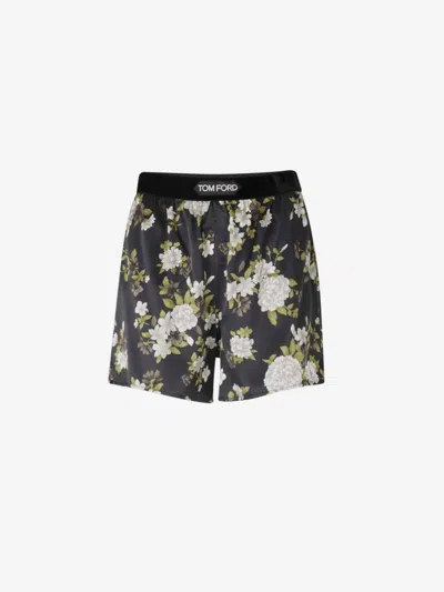 Tom Ford Floral Print Stretch Silk Satin Shorts In White/black