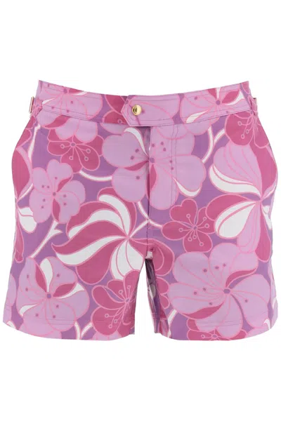 Tom Ford Slim-fit Short-length Floral-print Swim Shorts In Pink