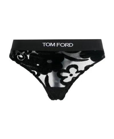 Tom Ford Floral-print Logo-waist Thong In Black