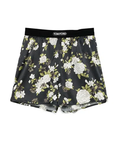 Tom Ford Floral Print Stretch Silk Satin Shorts In White/black