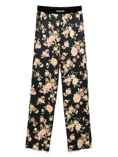 Tom Ford Wide Leg Floral Print Satin Trousers In Black