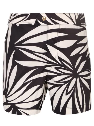 Tom Ford Floral-printed Buttoned Swim Shorts In Black