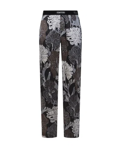 Tom Ford Foral Gray Silk Satin Pajama Pants In Grey