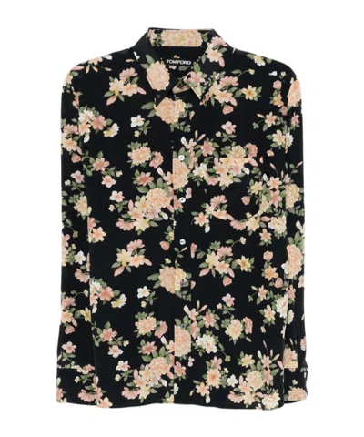 Tom Ford Floral Printed Straight Hem Shirt In Black