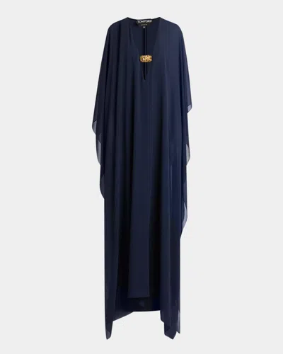 Tom Ford Flowy Caftan Gown With Neckline Detail In Navy