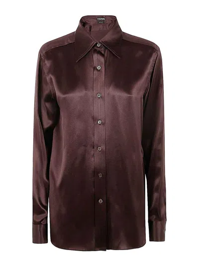 Tom Ford Fluid Charmeuse Silk Shirt In Brown