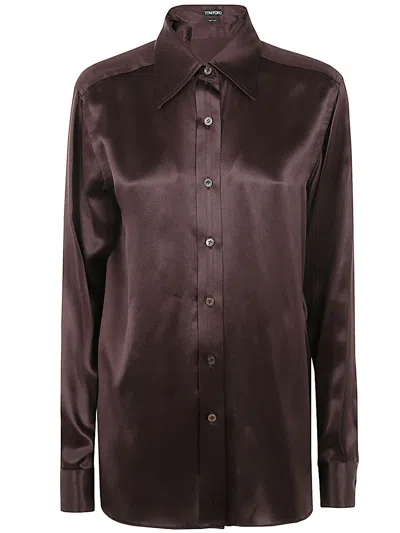 Tom Ford Fluid Charmeuse Silk Shirt In Brown