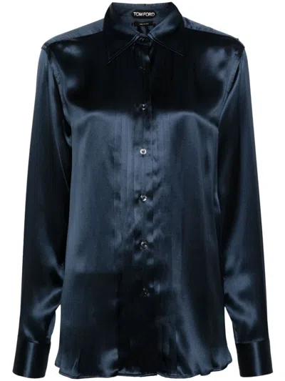 TOM FORD FLUID CHARMEUSE SILK SHIRT WITH PLISSE PLASTRON