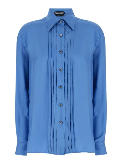 TOM FORD LIGHT-BLUE PLEATED SHIRT IN SILK BLEND WOMAN