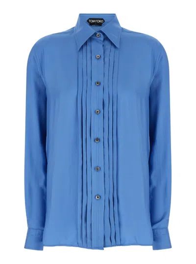 Tom Ford Fluid Viscose Silk Twill Shirt In Blu