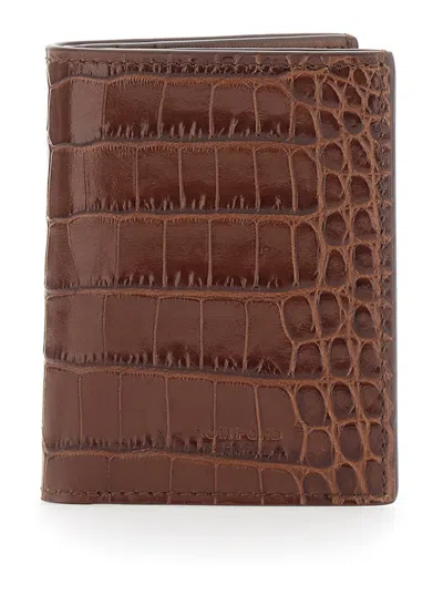 Tom Ford Folded Croc-embossed Leather Cardholder With 4 Slots In Brown