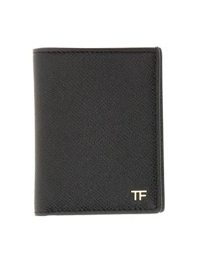 Tom Ford Small Grain Leather Folding Cardholder In Black
