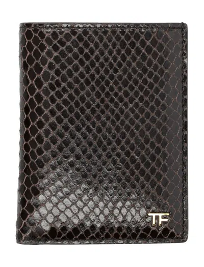 Tom Ford Small Snake Embossed Leather Folding Cardholder In Ebony