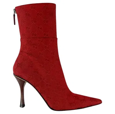 Pre-owned Tom Ford For Gucci Early 2000s Gucci By Tom Ford Red 'gg' Canvas Heel Ankle Boots 6b