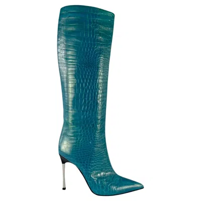 Pre-owned Tom Ford For Gucci F/w 1997 Gucci By Tom Ford Blue Metallic Crocodile Embossed Heel Boots 10b