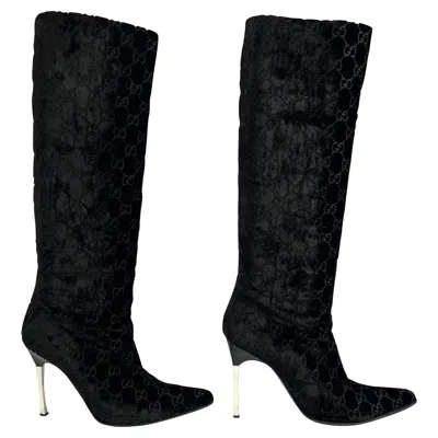 Pre-owned Tom Ford For Gucci F/w 1997 Gucci By Tom Ford 'gg' Monogram Black Velvet Heel Boots 7.5b