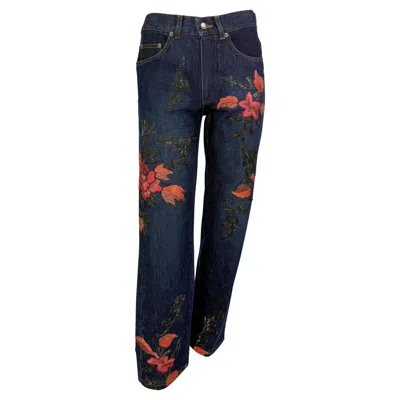 Pre-owned Tom Ford For Gucci F/w 1999 Gucci By Tom Ford Pink Floral Embroidery Dark Wash Denim Jeans It40